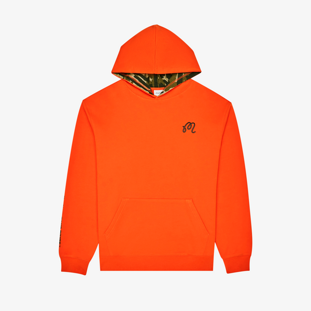 Orange hoodie with a small logo on a white background