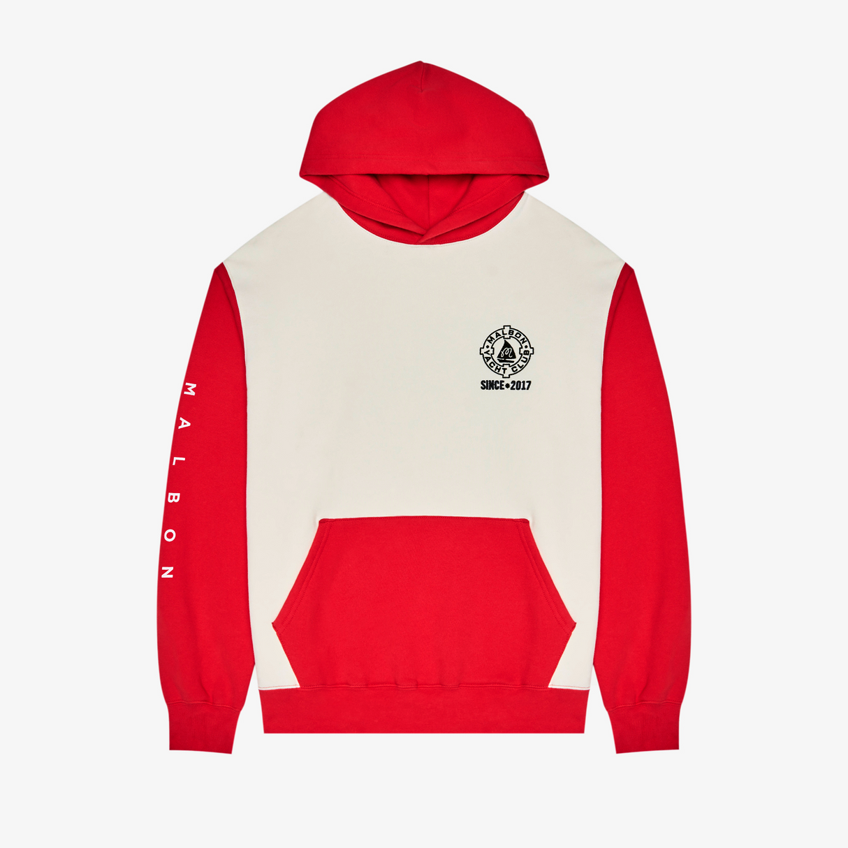 Red and white hoodie with a logo on a light gray background