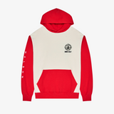 Red and white hoodie with a logo on a light gray background