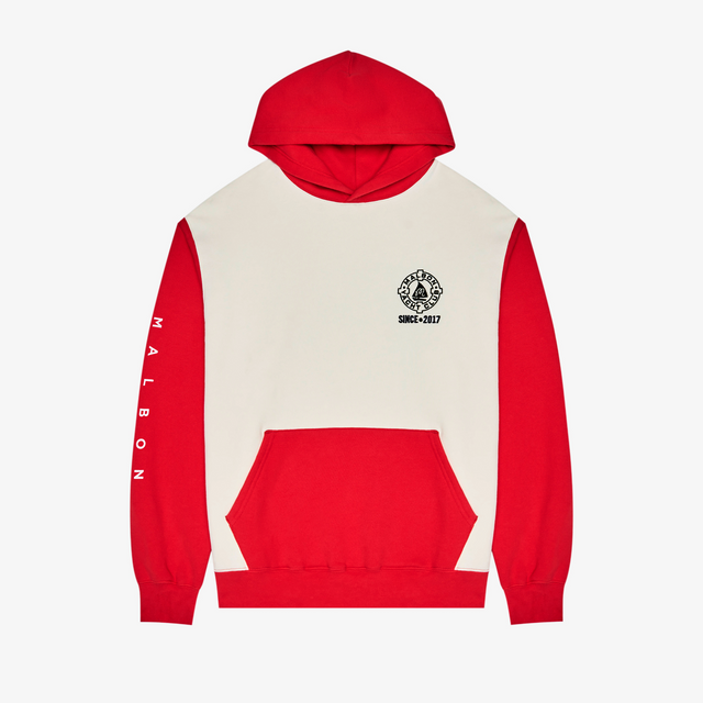 Red and white hoodie with a logo on a light gray background
