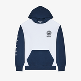 Navy and white hoodie with a logo on a light gray background