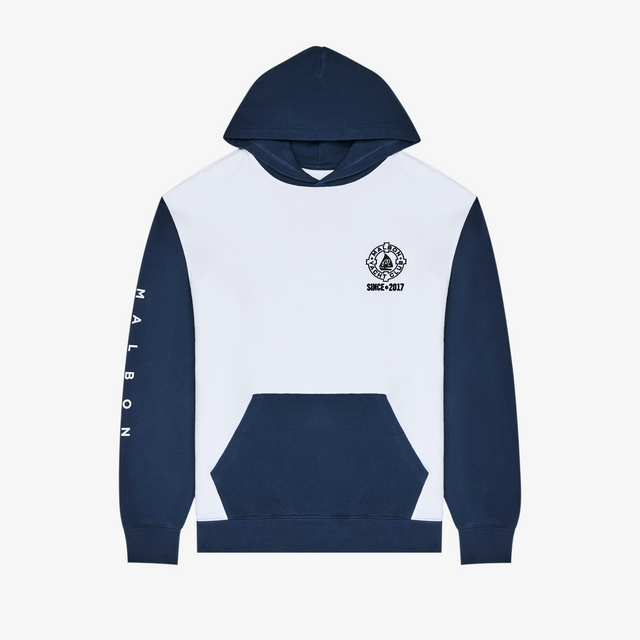 Navy and white hoodie with a logo on a light gray background