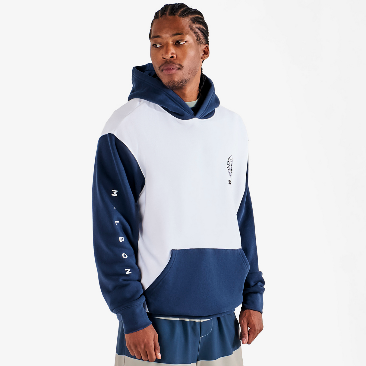 Man wearing a blue and white hoodie with 'Melson' branding on a white background