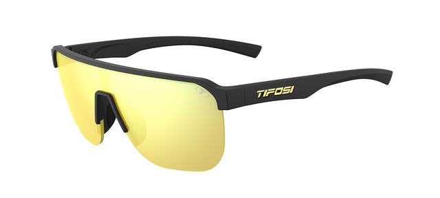 Sunglasses with yellow lenses and black frame on a white background