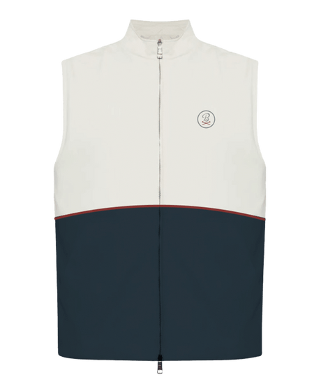 A sleeveless zip-front vest with a color-block design, featuring an off-white upper section, a dark navy lower section, and a thin red stripe separating the two sections. It has a small circular embroidered logo on the left chest.