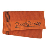 Orange towel with 'Good Good' branding on a white background
