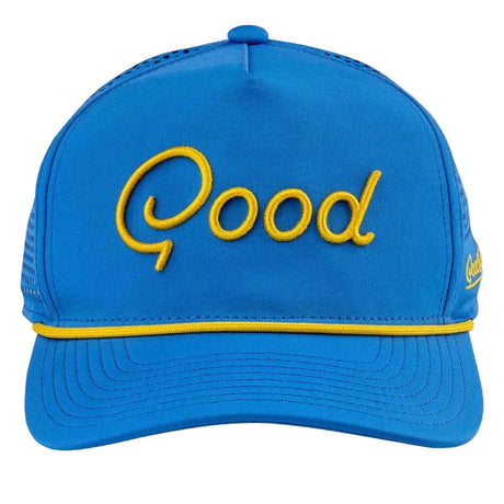 Blue cap with yellow 'Good' text on a light gray background
