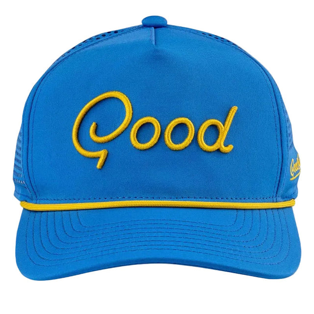 Blue cap with yellow 'Good' text on a light gray background