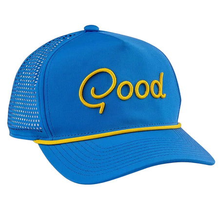 Blue cap with yellow 'Qood' logo on a light gray background