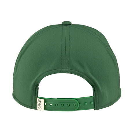 Green cap with a brand logo on the back against a gray background