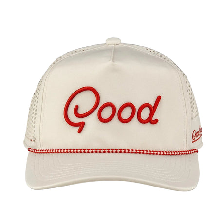 White cap with red 'Good' logo on a gray background