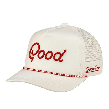 White cap with red text on a gray background