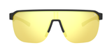 Sunglasses with yellow lenses and black frames on a white background